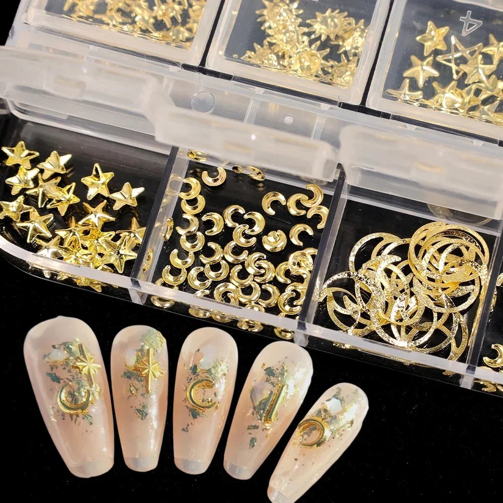 Heallor Gold Star Moon Nail Charms 12Grids Metal Slice Rivet Nail Rhinestones DIY 3D Flatback Nail Art Decorations Manicure Acce Heallor Gold Star Moon Nail Charms 12Grids Metal Slice Rivet Nail Rhinestones DIY 3D Flatback Nail Art Decorations Manicure Acce