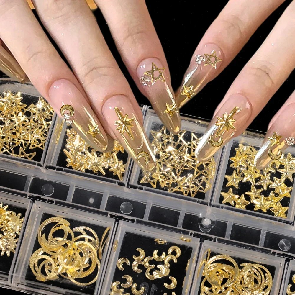 Heallor Gold Star Moon Nail Charms 12Grids Metal Slice Rivet Nail Rhinestones DIY 3D Flatback Nail Art Decorations Manicure Acce Heallor Gold Star Moon Nail Charms 12Grids Metal Slice Rivet Nail Rhinestones DIY 3D Flatback Nail Art Decorations Manicure Acce