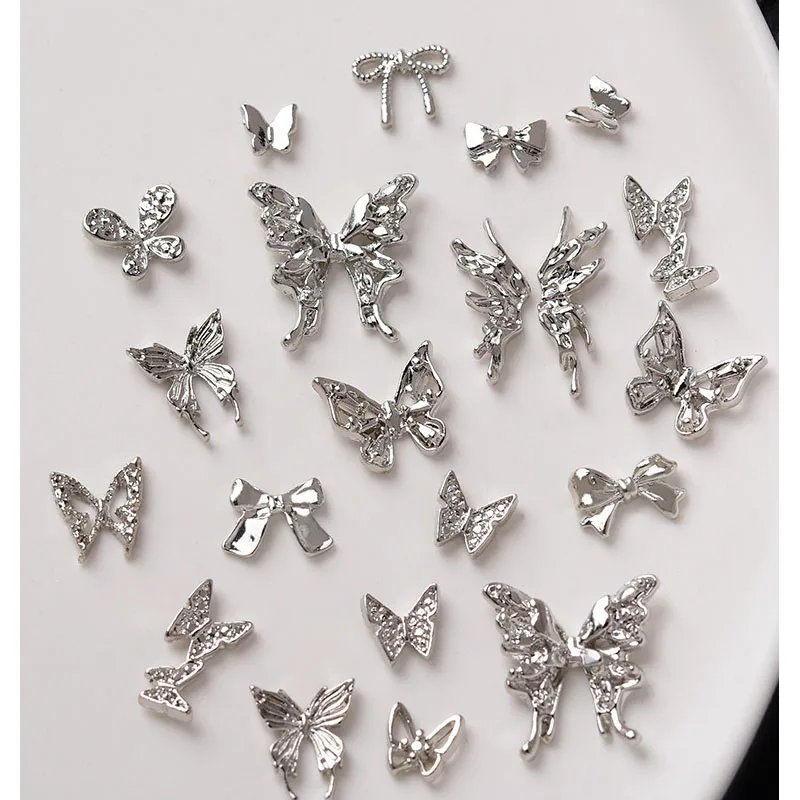 50/60Pcs/lot 3D Butterfly Alloy Nail Charms Bow-knot Design Jewelry Luxury Gold Silver Hollow Nail Art Decoration Accessory Bulk