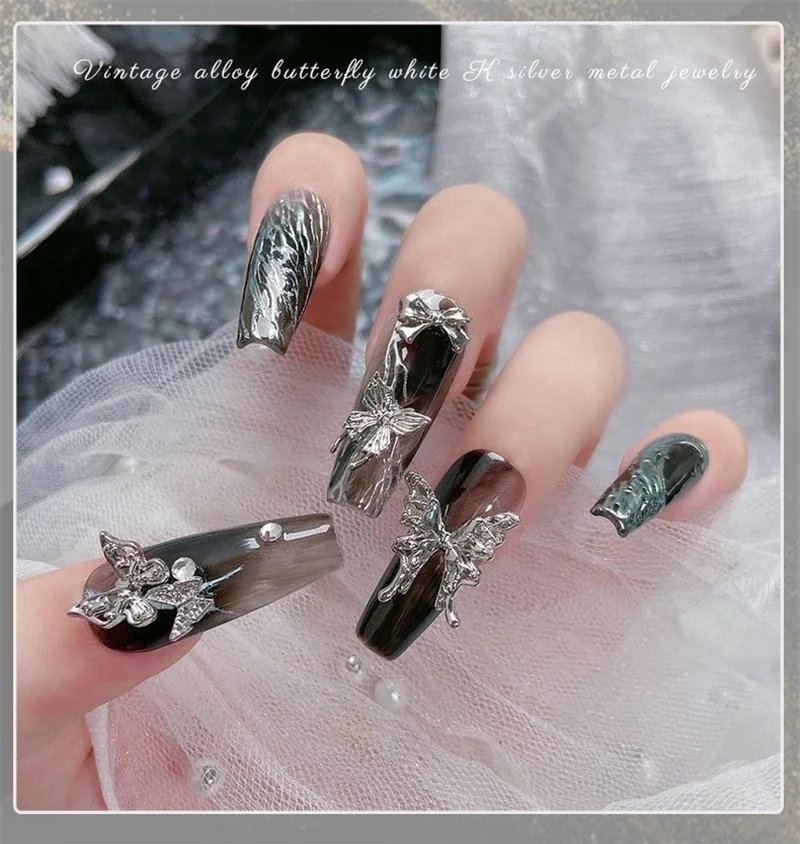 50/60Pcs/lot 3D Butterfly Alloy Nail Charms Bow-knot Design Jewelry Luxury Gold Silver Hollow Nail Art Decoration Accessory Bulk