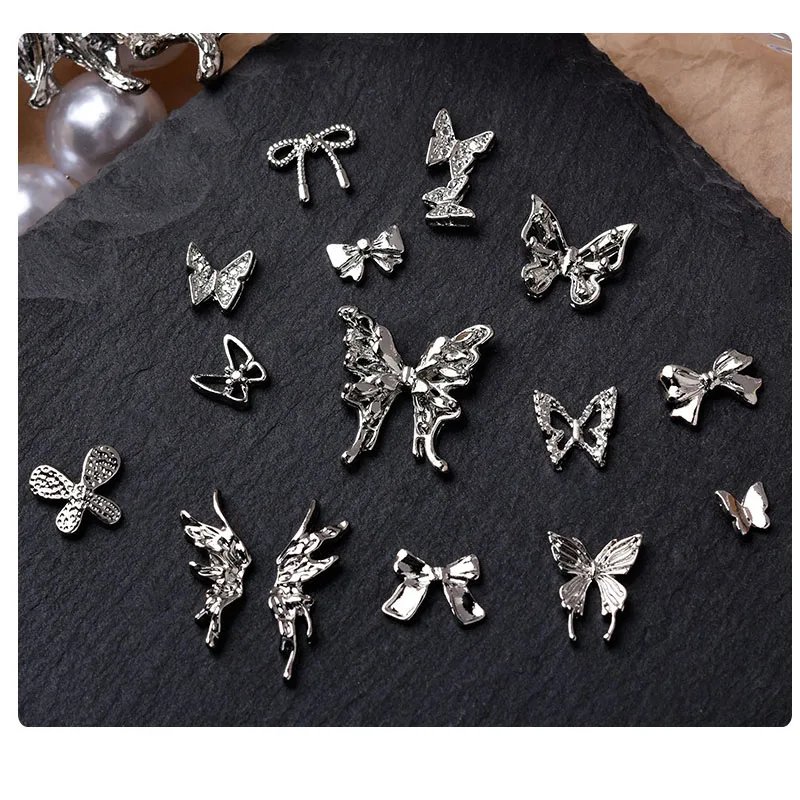 50/60Pcs/lot 3D Butterfly Alloy Nail Charms Bow-knot Design Jewelry Luxury Gold Silver Hollow Nail Art Decoration Accessory Bulk