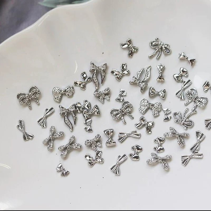 50/60Pcs/lot 3D Butterfly Alloy Nail Charms Bow-knot Design Jewelry Luxury Gold Silver Hollow Nail Art Decoration Accessory Bulk