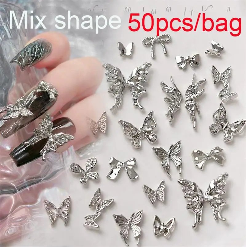 50/60Pcs/lot 3D Butterfly Alloy Nail Charms Bow-knot Design Jewelry Luxury Gold Silver Hollow Nail Art Decoration Accessory Bulk