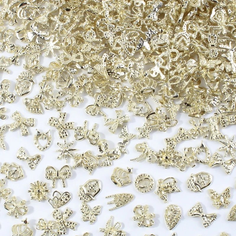 50/60Pcs/lot 3D Butterfly Alloy Nail Charms Bow-knot Design Jewelry Luxury Gold Silver Hollow Nail Art Decoration Accessory Bulk