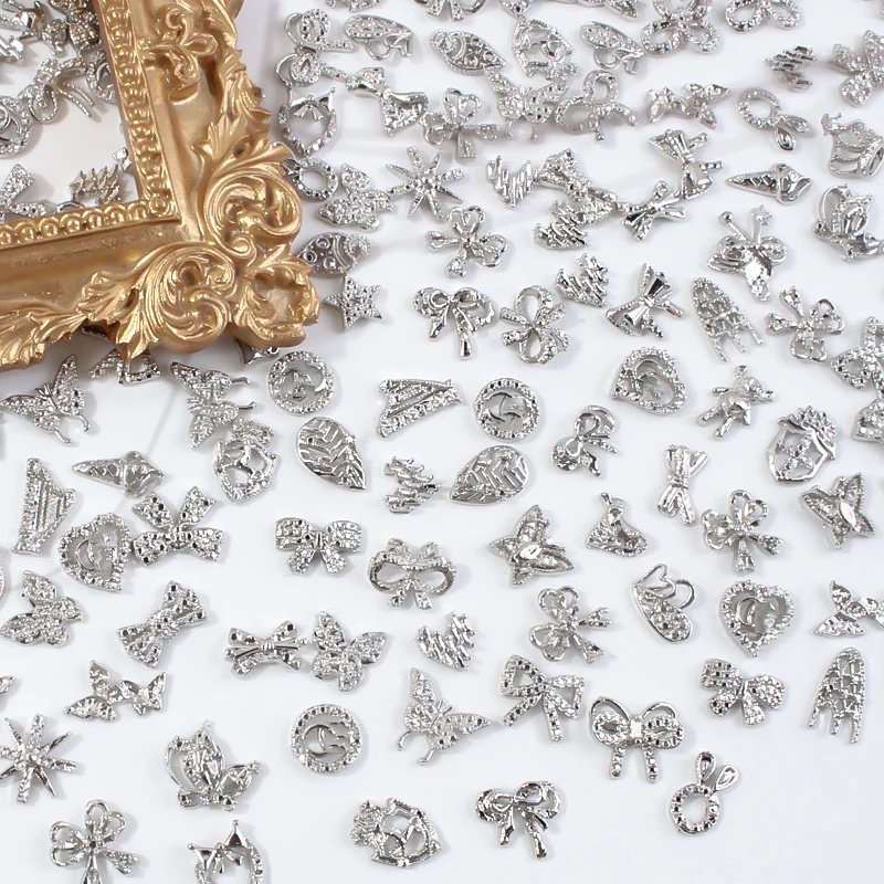 50/60Pcs/lot 3D Butterfly Alloy Nail Charms Bow-knot Design Jewelry Luxury Gold Silver Hollow Nail Art Decoration Accessory Bulk