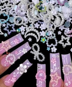 100Pcs White Heart Pearls Flower 3D Nail Charms Star Butterfly Beads Nail Art Crafts DIY Jewelry Making Mixed Nail Accessories