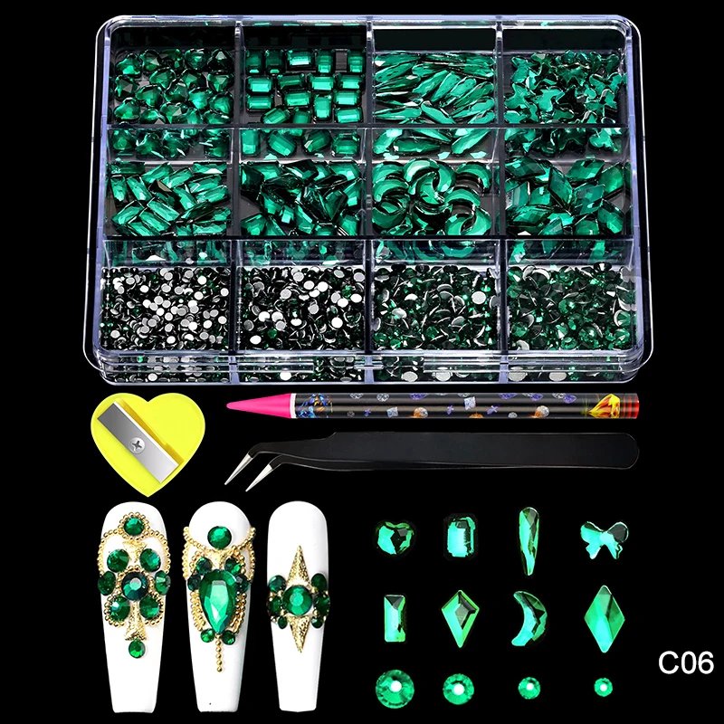 12Grid Luxury Crystal AB Pink Rhinestone Nail Art Charms Diamonds Jewelry Gems Stones Shape Manicure Set Decoration Accessories