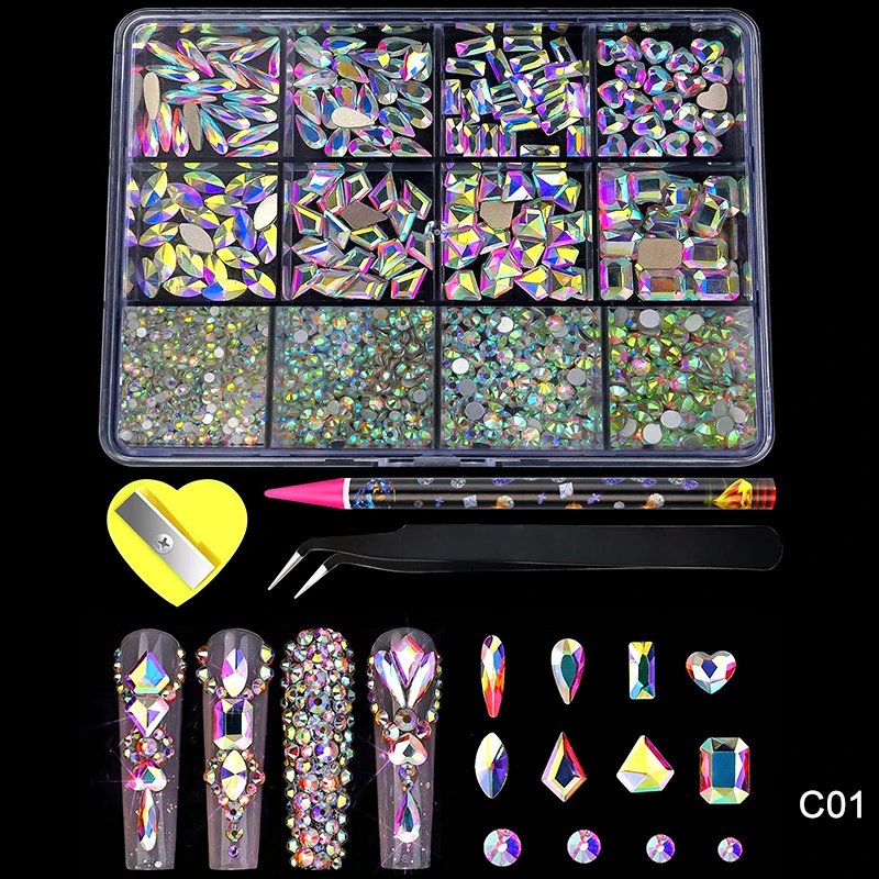12Grid Luxury Crystal AB Pink Rhinestone Nail Art Charms Diamonds Jewelry Gems Stones Shape Manicure Set Decoration Accessories