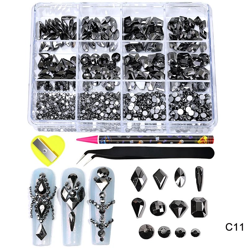 12Grid Luxury Crystal AB Pink Rhinestone Nail Art Charms Diamonds Jewelry Gems Stones Shape Manicure Set Decoration Accessories