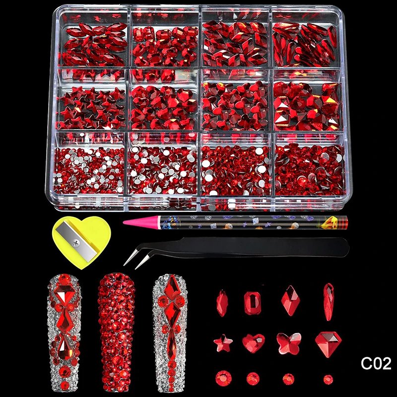 12Grid Luxury Crystal AB Pink Rhinestone Nail Art Charms Diamonds Jewelry Gems Stones Shape Manicure Set Decoration Accessories