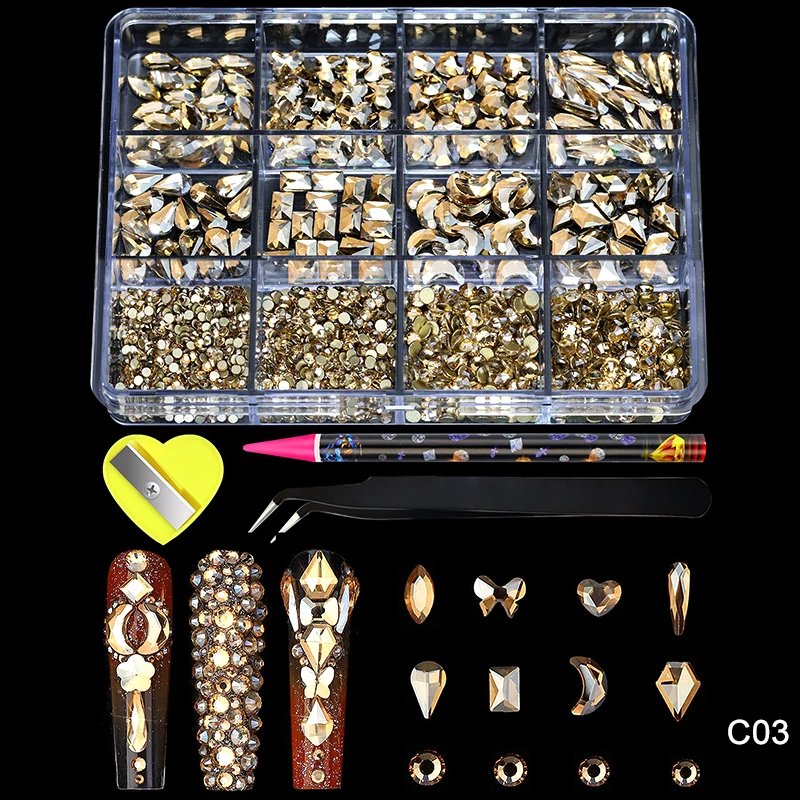 12Grid Luxury Crystal AB Pink Rhinestone Nail Art Charms Diamonds Jewelry Gems Stones Shape Manicure Set Decoration Accessories