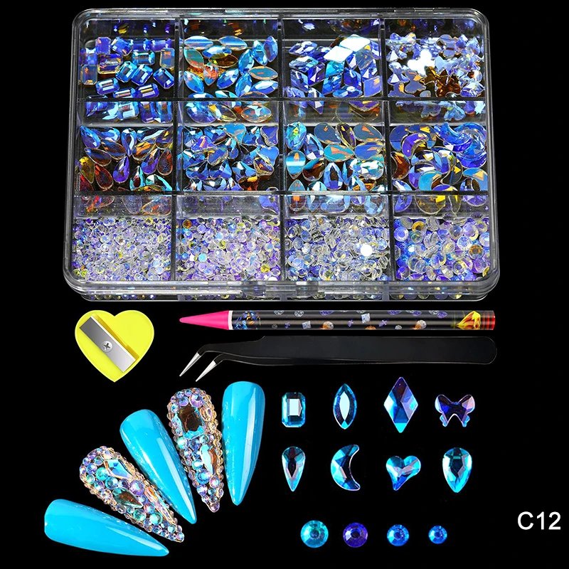 12Grid Luxury Crystal AB Pink Rhinestone Nail Art Charms Diamonds Jewelry Gems Stones Shape Manicure Set Decoration Accessories