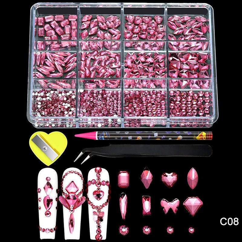 12Grid Luxury Crystal AB Pink Rhinestone Nail Art Charms Diamonds Jewelry Gems Stones Shape Manicure Set Decoration Accessories