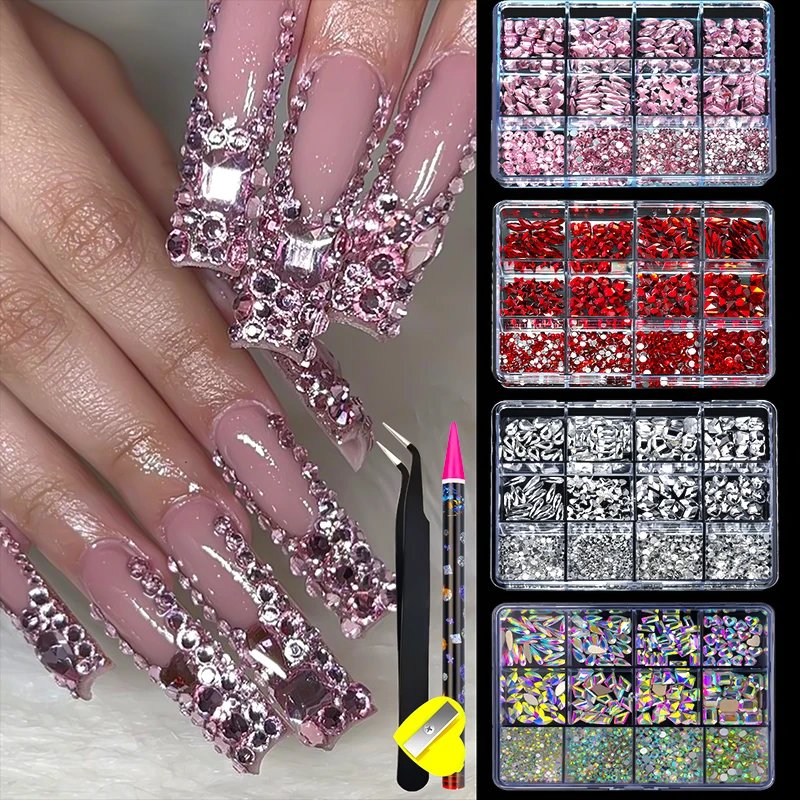 12Grid Luxury Crystal AB Pink Rhinestone Nail Art Charms Diamonds Jewelry Gems Stones Shape Manicure Set Decoration Accessories