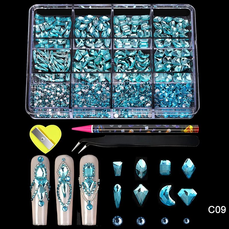 12Grid Luxury Crystal AB Pink Rhinestone Nail Art Charms Diamonds Jewelry Gems Stones Shape Manicure Set Decoration Accessories