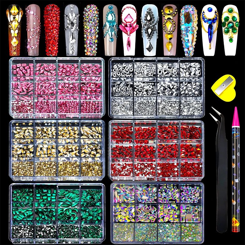 12Grid Luxury Crystal AB Pink Rhinestone Nail Art Charms Diamonds Jewelry Gems Stones Shape Manicure Set Decoration Accessories