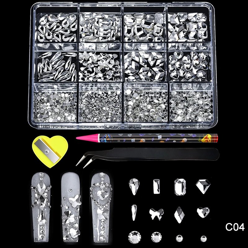 12Grid Luxury Crystal AB Pink Rhinestone Nail Art Charms Diamonds Jewelry Gems Stones Shape Manicure Set Decoration Accessories
