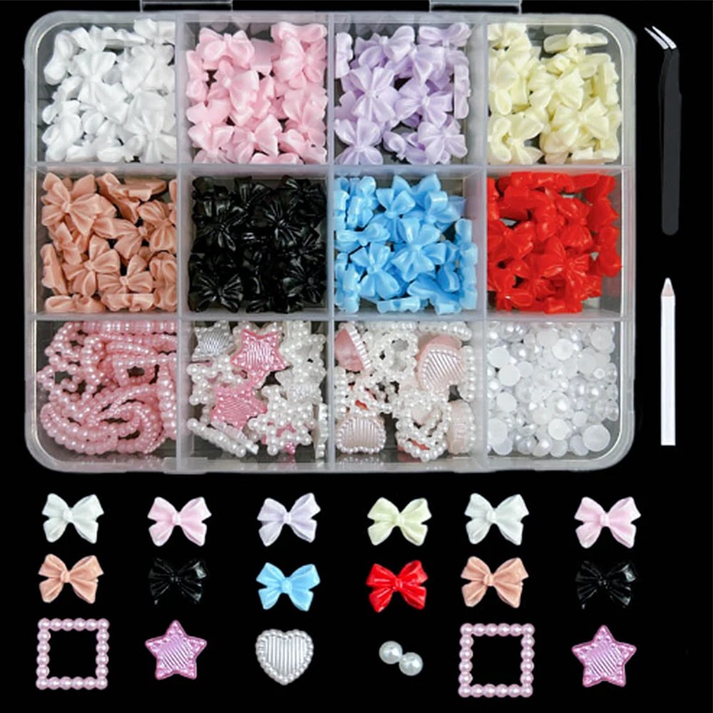 12/15Grids Mixed Cute Resin Nail Charms 3D Bowknots/Heart/Flower Kawaii Nail Art Decoration Boxed Nail Gems With Picking Tools 12/15Grids Mixed Cute Resin Nail Charms 3D Bowknots/Heart/Flower Kawaii Nail Art Decoration Boxed Nail Gems With Picking Tools