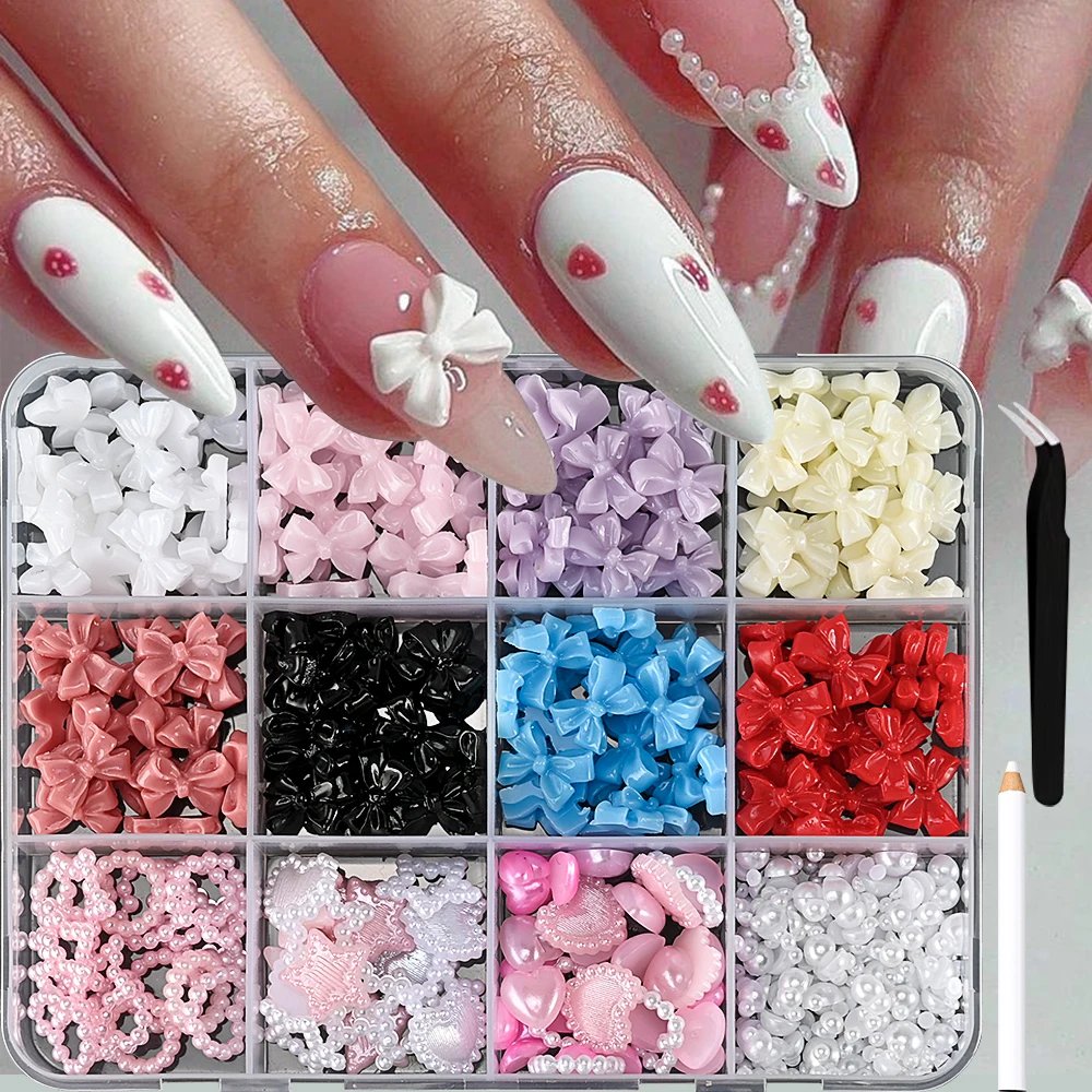 12/15Grids Mixed Cute Resin Nail Charms 3D Bowknots/Heart/Flower Kawaii Nail Art Decoration Boxed Nail Gems With Picking Tools 12/15Grids Mixed Cute Resin Nail Charms 3D Bowknots/Heart/Flower Kawaii Nail Art Decoration Boxed Nail Gems With Picking Tools