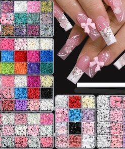 12/15Grids Mixed Cute Resin Nail Charms 3D Bowknots/Heart/Flower Kawaii Nail Art Decoration Boxed Nail Gems With Picking Tools