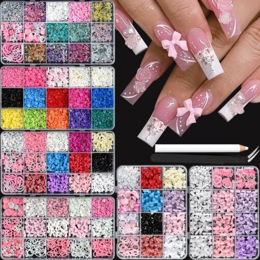 12/15Grids Mixed Cute Resin Nail Charms 3D Bowknots/Heart/Flower Kawaii Nail Art Decoration Boxed Nail Gems With Picking Tools