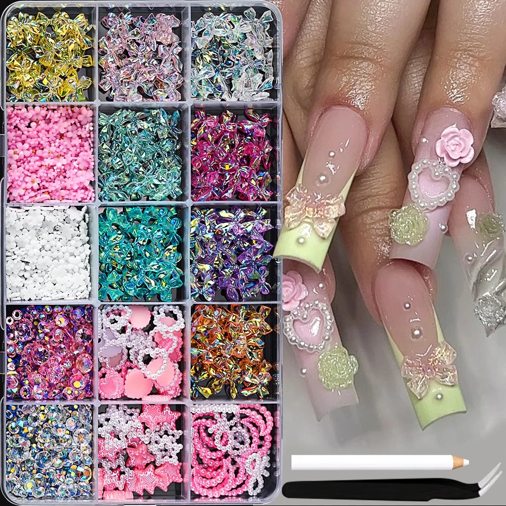 12/15Grids Mixed Cute Resin Nail Charms 3D Bowknots/Heart/Flower Kawaii Nail Art Decoration Boxed Nail Gems With Picking Tools 12/15Grids Mixed Cute Resin Nail Charms 3D Bowknots/Heart/Flower Kawaii Nail Art Decoration Boxed Nail Gems With Picking Tools