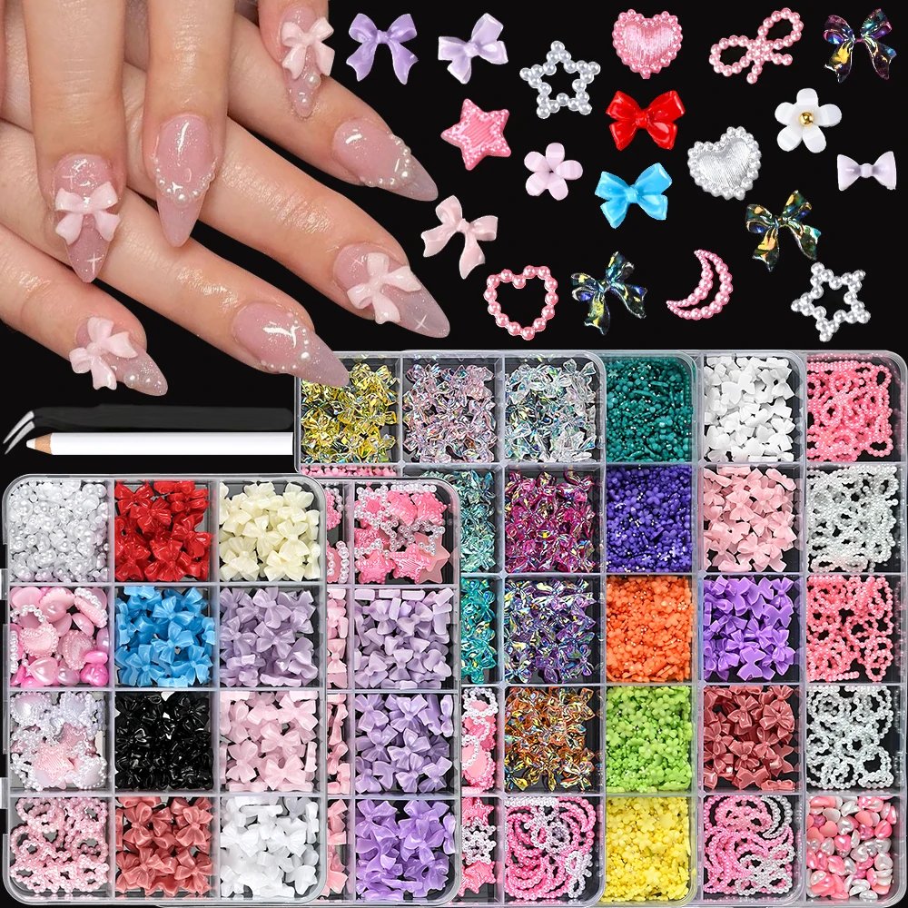 12/15Grids Mixed Cute Resin Nail Charms 3D Bowknots/Heart/Flower Kawaii Nail Art Decoration Boxed Nail Gems With Picking Tools 12/15Grids Mixed Cute Resin Nail Charms 3D Bowknots/Heart/Flower Kawaii Nail Art Decoration Boxed Nail Gems With Picking Tools