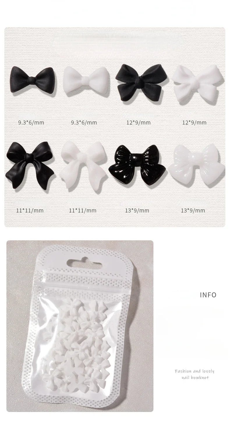 50pcs/Bag Black And White Nail Art Bowknot Resin Nail Jewelry Three-Dimensional Ribbon Polishing Jewelry DIY Nail Art Design